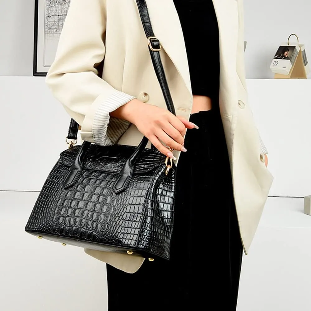 Satchel Tote Purse for Women Crocodile Pattern Embossed Top-handle Handbags Fuax Leather Shoulder Bag-Black