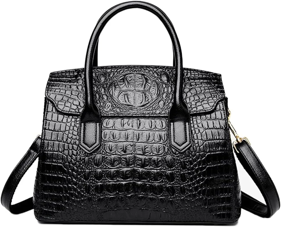 Satchel Tote Purse for Women Crocodile Pattern Embossed Top-handle Handbags Fuax Leather Shoulder Bag-Black