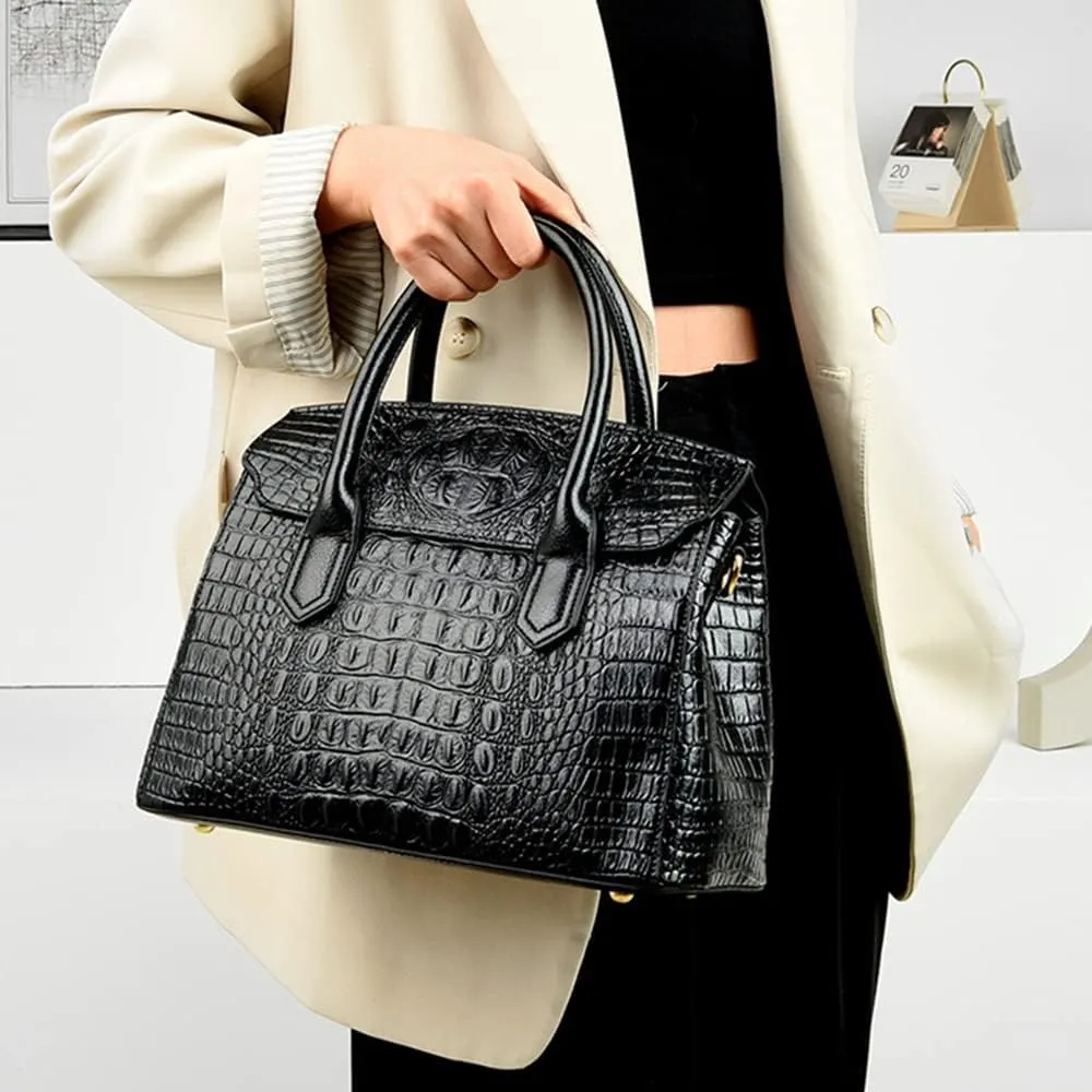 Satchel Tote Purse for Women Crocodile Pattern Embossed Top-handle Handbags Fuax Leather Shoulder Bag-Black