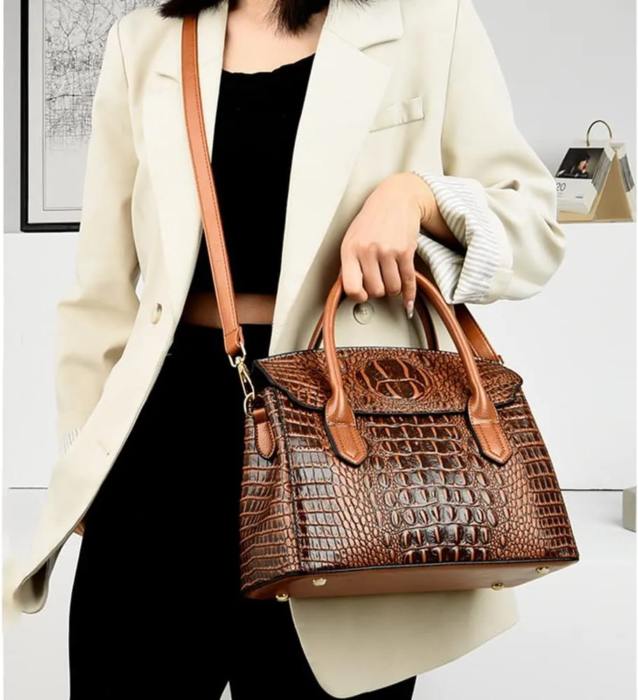 Satchel Tote Purse for Women Crocodile Pattern Embossed Top-handle Handbags Fuax Leather Shoulder Bag-Black