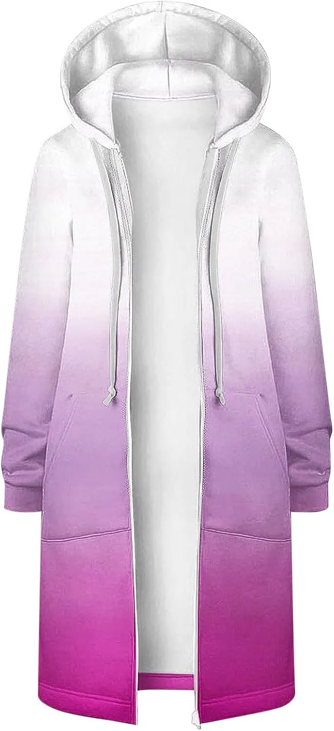 Scrub Jackets for Woman Gradient Drawstring Hooded Sweatshirt Long Sleeve Zipper Cardigan Jacket Winter Coat Pockets