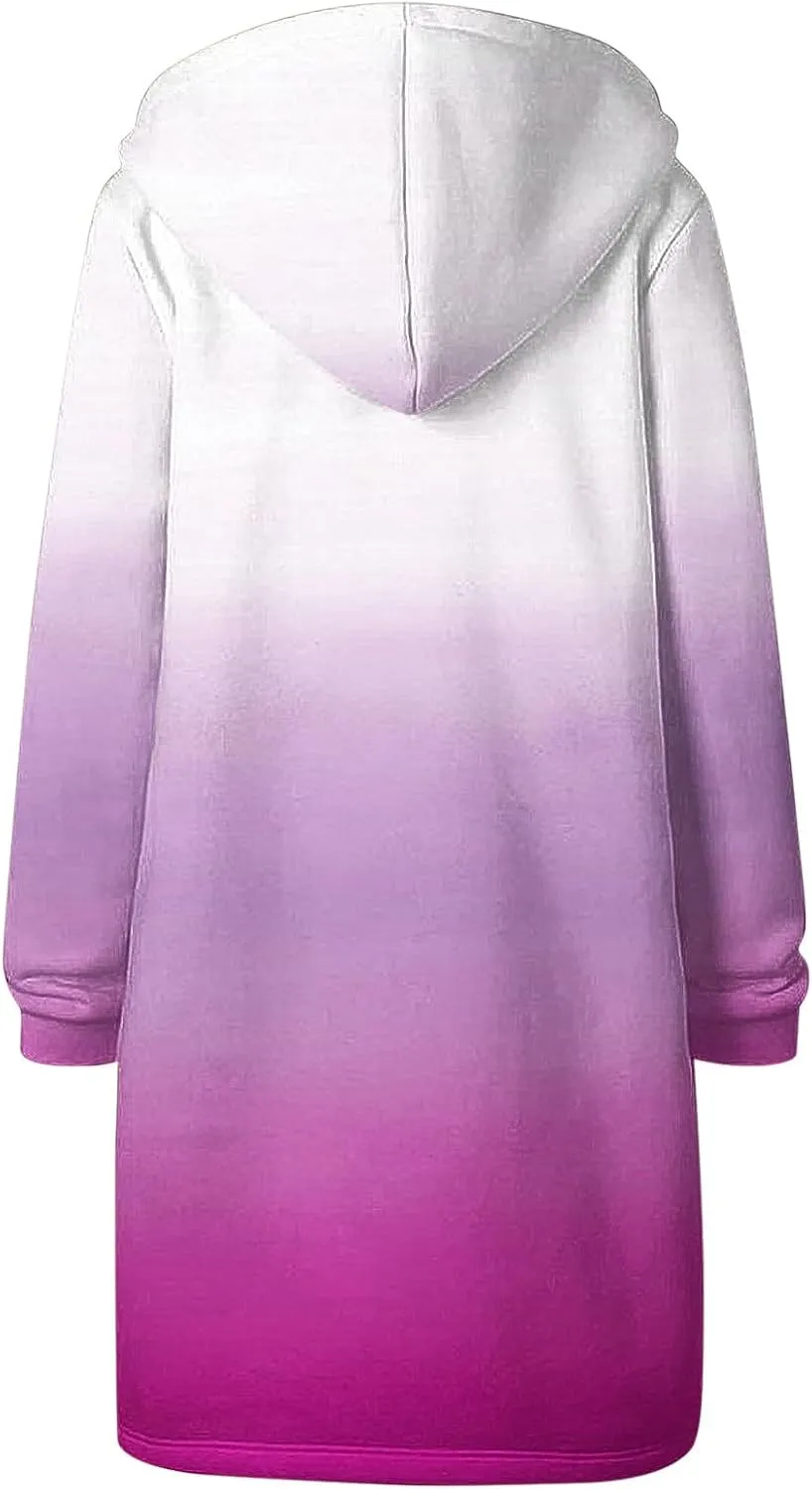 Scrub Jackets for Woman Gradient Drawstring Hooded Sweatshirt Long Sleeve Zipper Cardigan Jacket Winter Coat Pockets