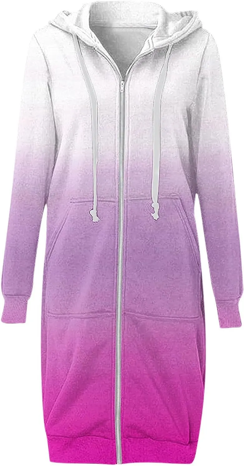 Scrub Jackets for Woman Gradient Drawstring Hooded Sweatshirt Long Sleeve Zipper Cardigan Jacket Winter Coat Pockets