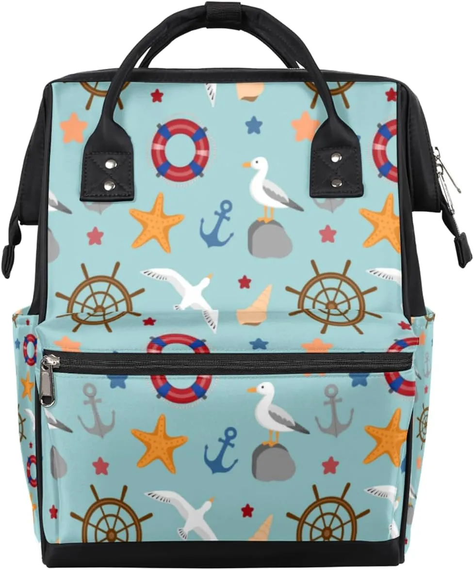 Seagulls Anchor Lifebuoy Conch Diaper Bag Tote Large Capacity Waterproof with Adjustable Shoulder Strap and Pram Straps Mommy Bag for Hospital Beach Weekender Travel