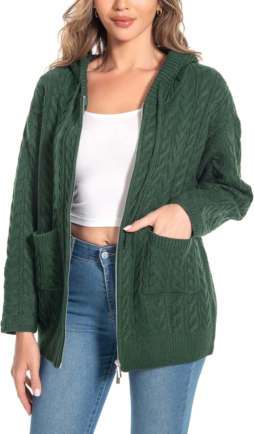 Shineflow Women Hooded Cardigan Oversized Slouchy Zipper Cable Knit Cardigan Coat Solid Color Sweater Casual Knit Knitwear