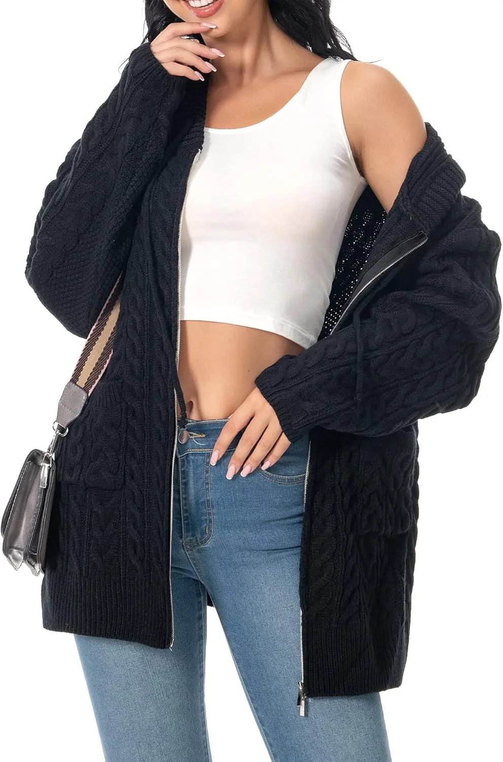 Shineflow Women Hooded Cardigan Oversized Slouchy Zipper Cable Knit Cardigan Coat Solid Color Sweater Casual Knit Knitwear