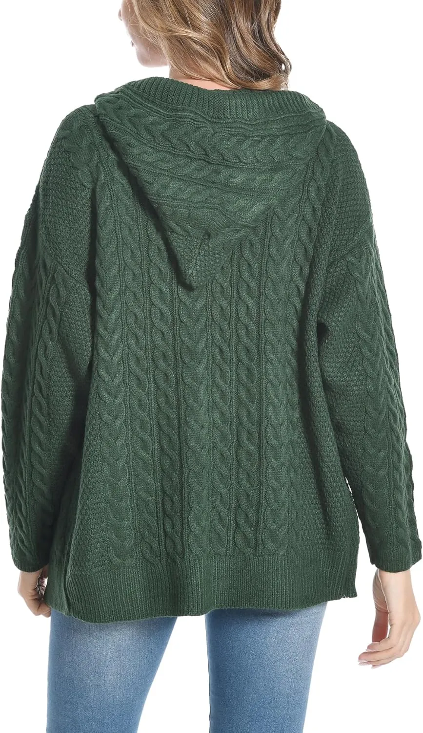 Shineflow Women Hooded Cardigan Oversized Slouchy Zipper Cable Knit Cardigan Coat Solid Color Sweater Casual Knit Knitwear