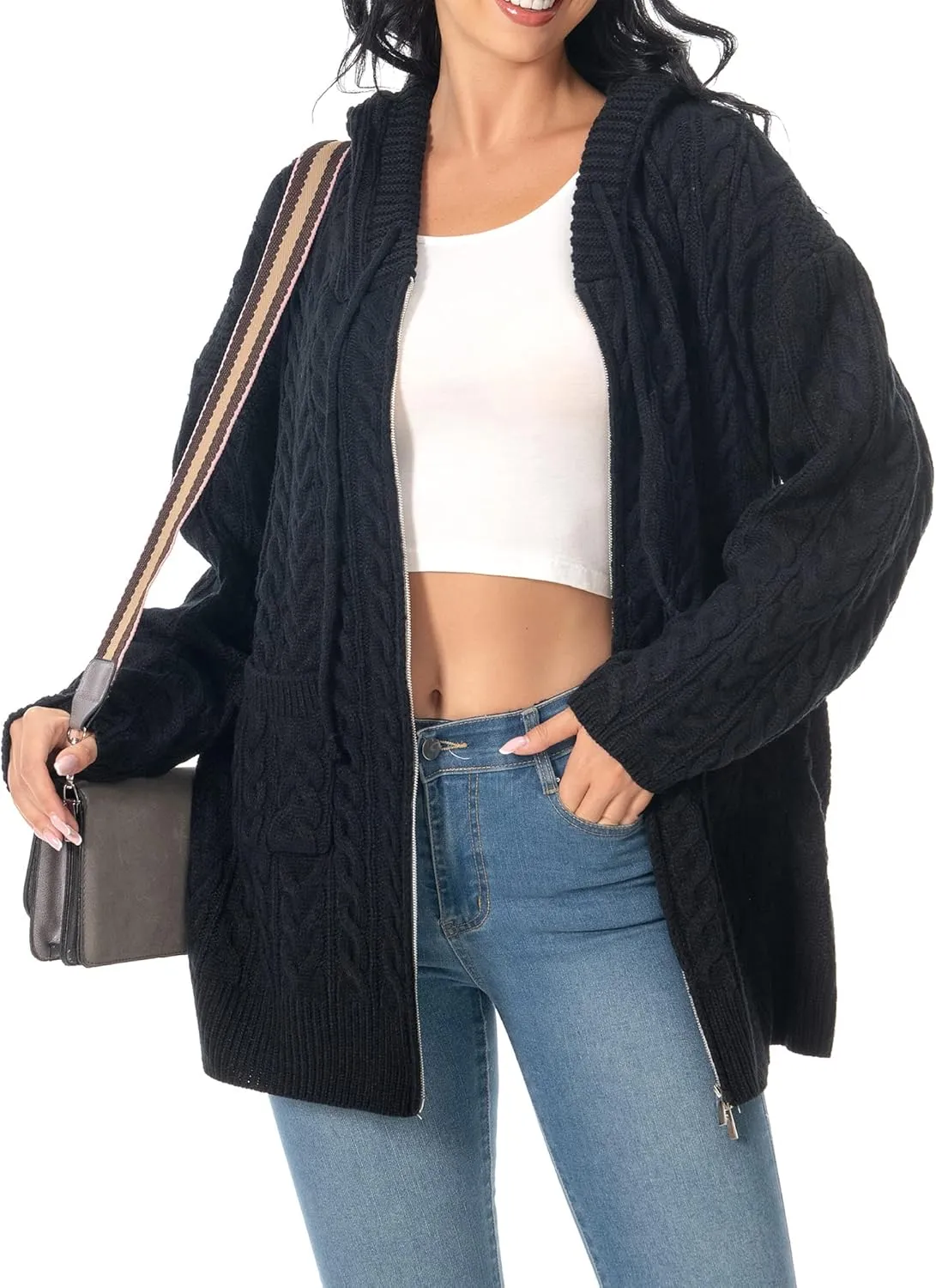 Shineflow Women Hooded Cardigan Oversized Slouchy Zipper Cable Knit Cardigan Coat Solid Color Sweater Casual Knit Knitwear