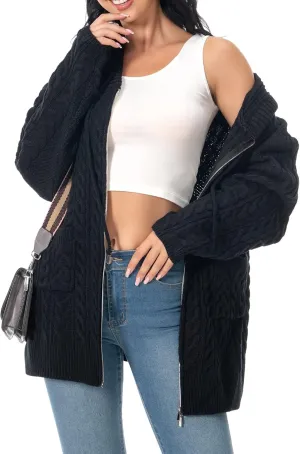 Shineflow Women Hooded Cardigan Oversized Slouchy Zipper Cable Knit Cardigan Coat Solid Color Sweater Casual Knit Knitwear