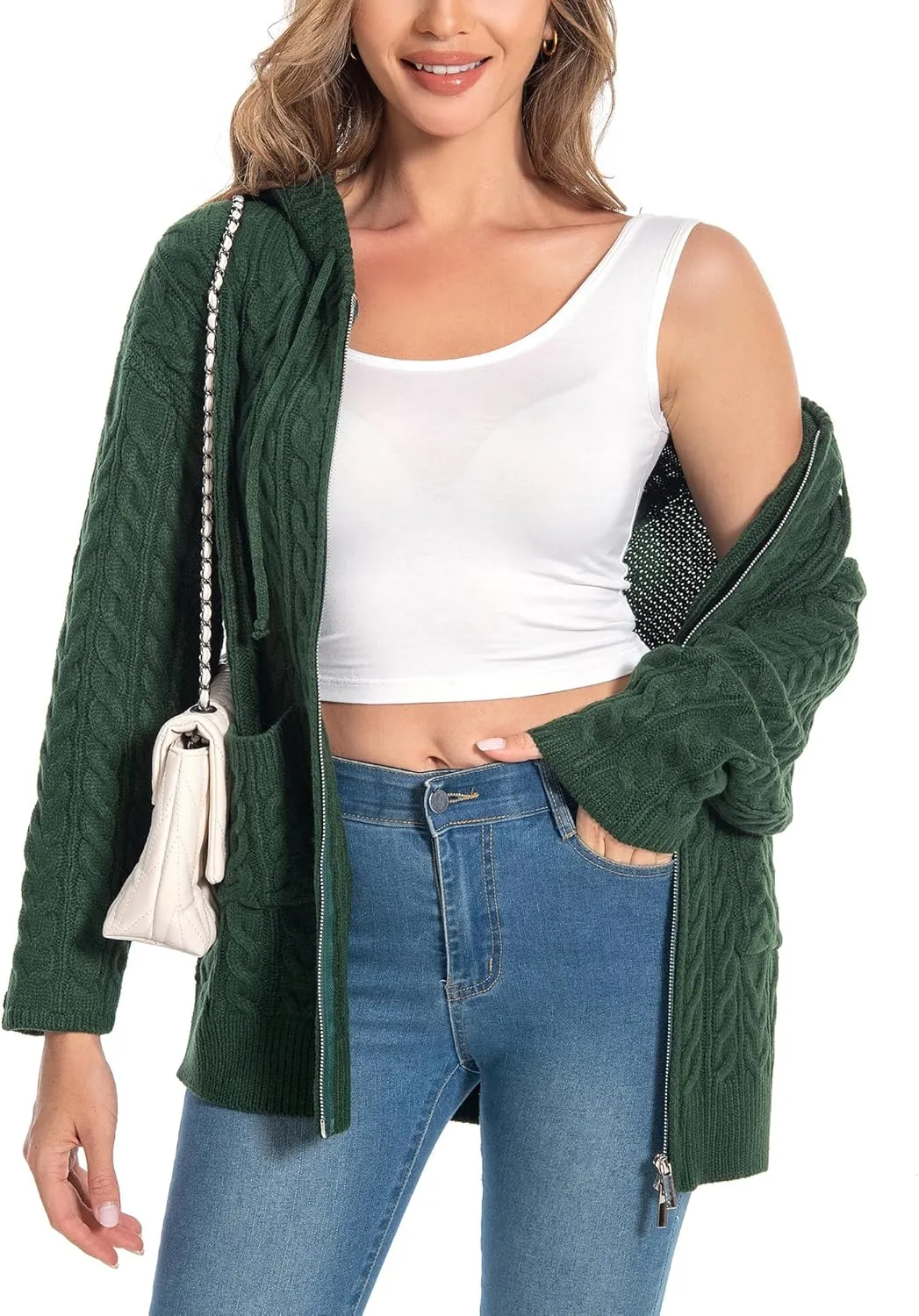 Shineflow Women Hooded Cardigan Oversized Slouchy Zipper Cable Knit Cardigan Coat Solid Color Sweater Casual Knit Knitwear