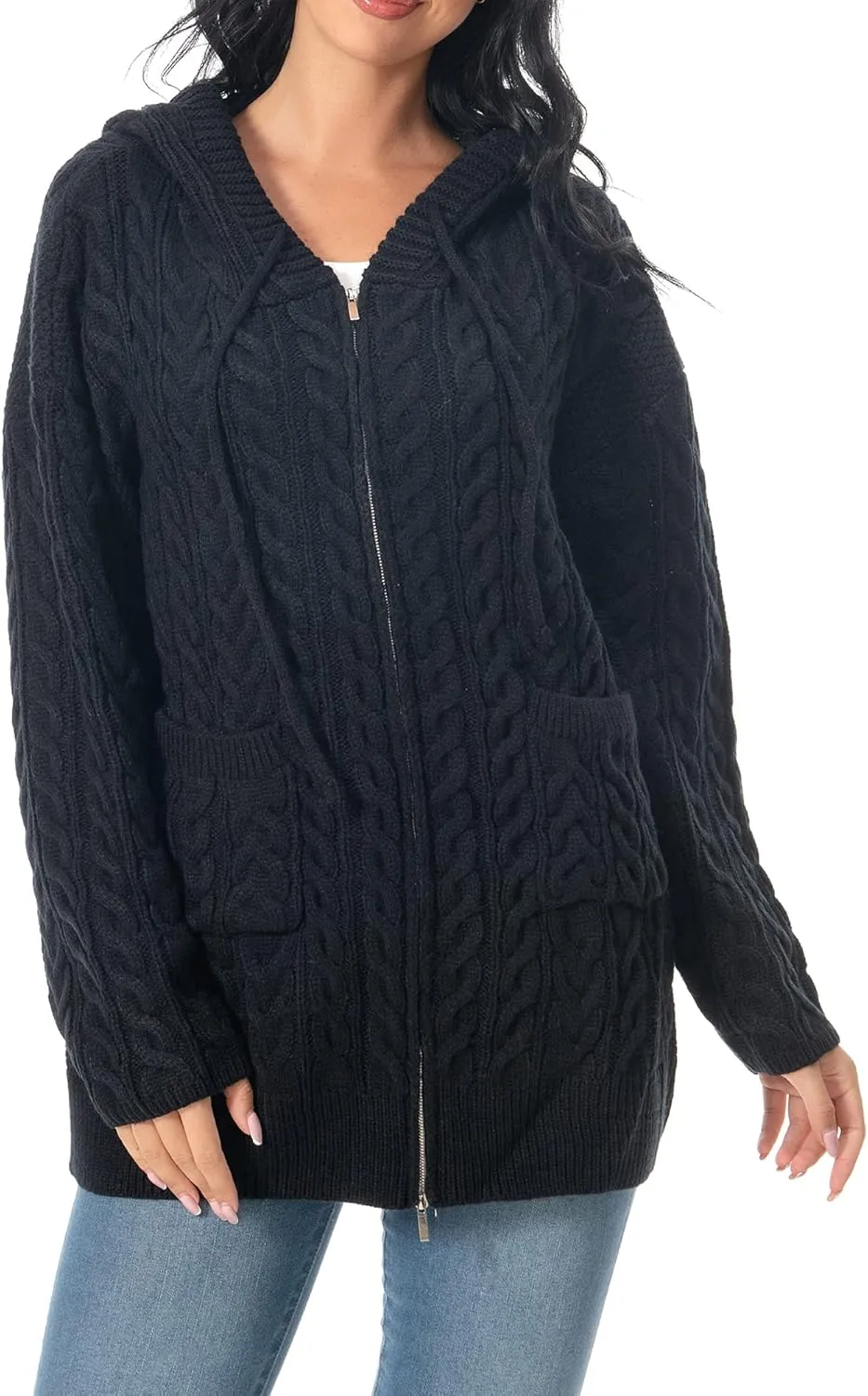 Shineflow Women Hooded Cardigan Oversized Slouchy Zipper Cable Knit Cardigan Coat Solid Color Sweater Casual Knit Knitwear