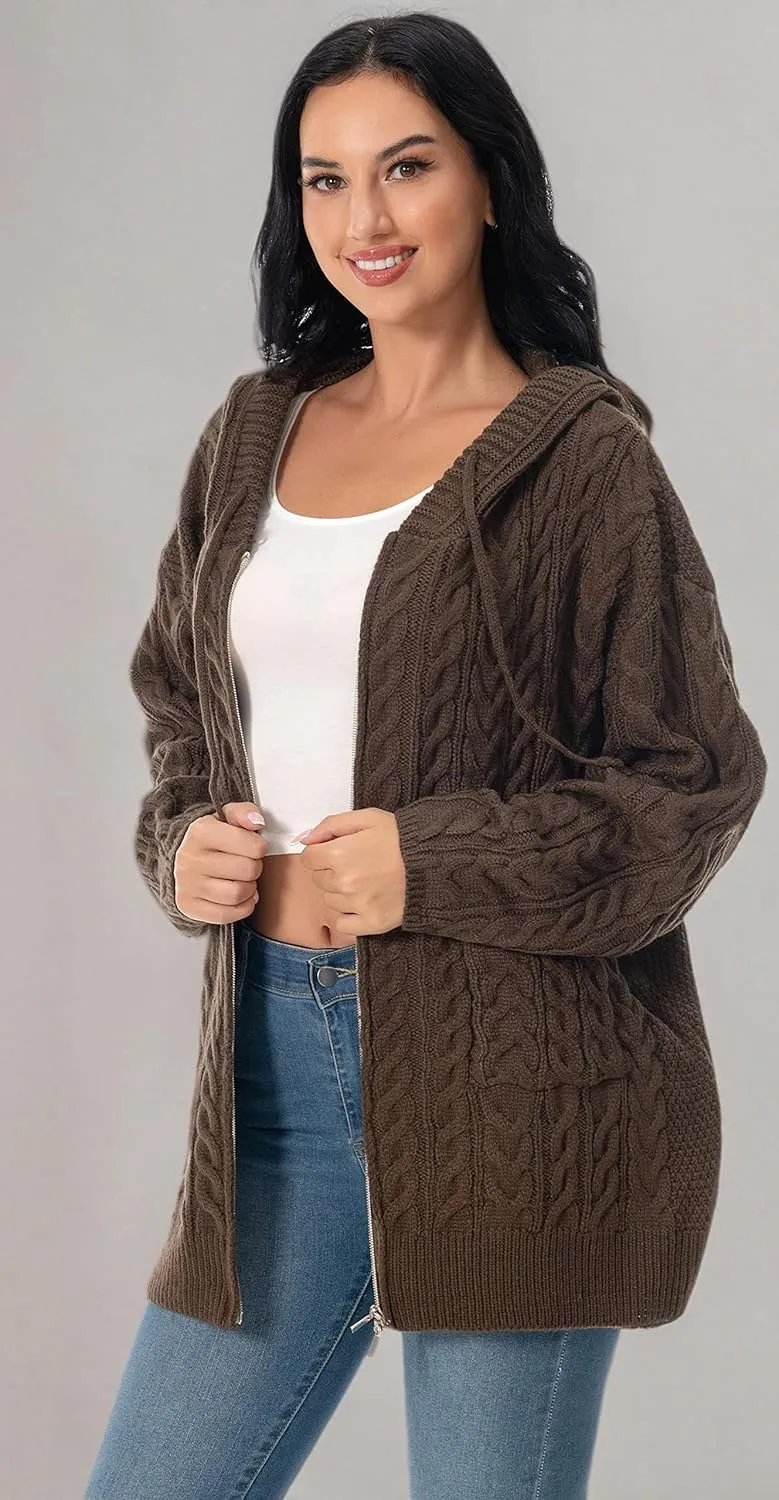 Shineflow Women Hooded Cardigan Oversized Slouchy Zipper Cable Knit Cardigan Coat Solid Color Sweater Casual Knit Knitwear