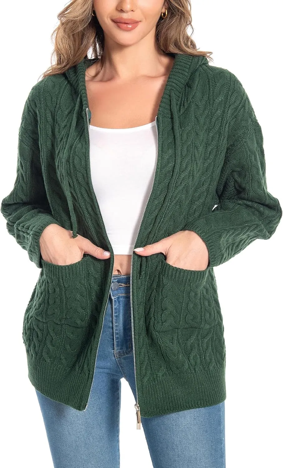 Shineflow Women Hooded Cardigan Oversized Slouchy Zipper Cable Knit Cardigan Coat Solid Color Sweater Casual Knit Knitwear