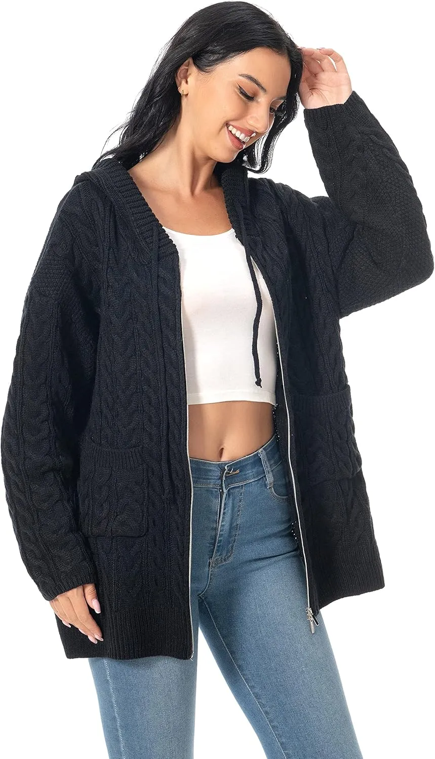 Shineflow Women Hooded Cardigan Oversized Slouchy Zipper Cable Knit Cardigan Coat Solid Color Sweater Casual Knit Knitwear