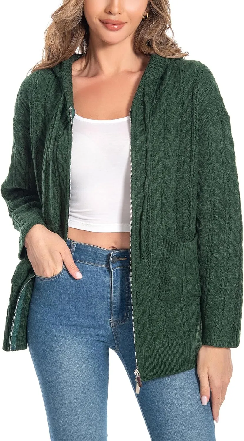 Shineflow Women Hooded Cardigan Oversized Slouchy Zipper Cable Knit Cardigan Coat Solid Color Sweater Casual Knit Knitwear