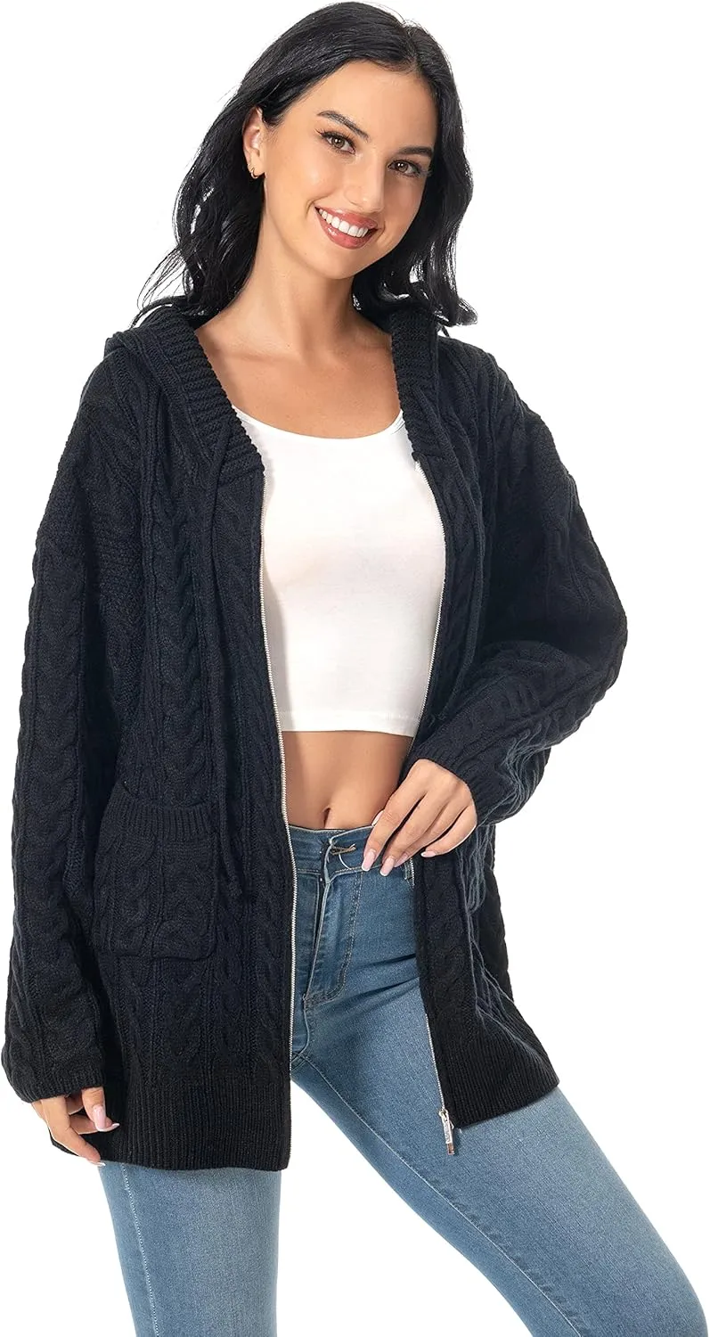 Shineflow Women Hooded Cardigan Oversized Slouchy Zipper Cable Knit Cardigan Coat Solid Color Sweater Casual Knit Knitwear