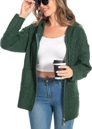 Shineflow Women Hooded Cardigan Oversized Slouchy Zipper Cable Knit Cardigan Coat Solid Color Sweater Casual Knit Knitwear