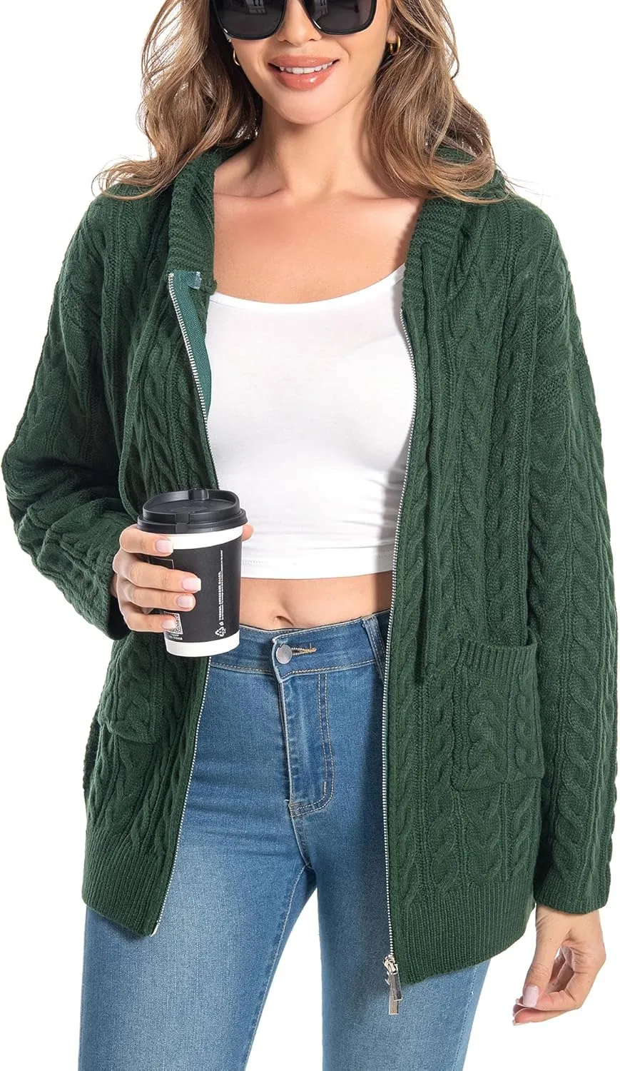 Shineflow Women Hooded Cardigan Oversized Slouchy Zipper Cable Knit Cardigan Coat Solid Color Sweater Casual Knit Knitwear
