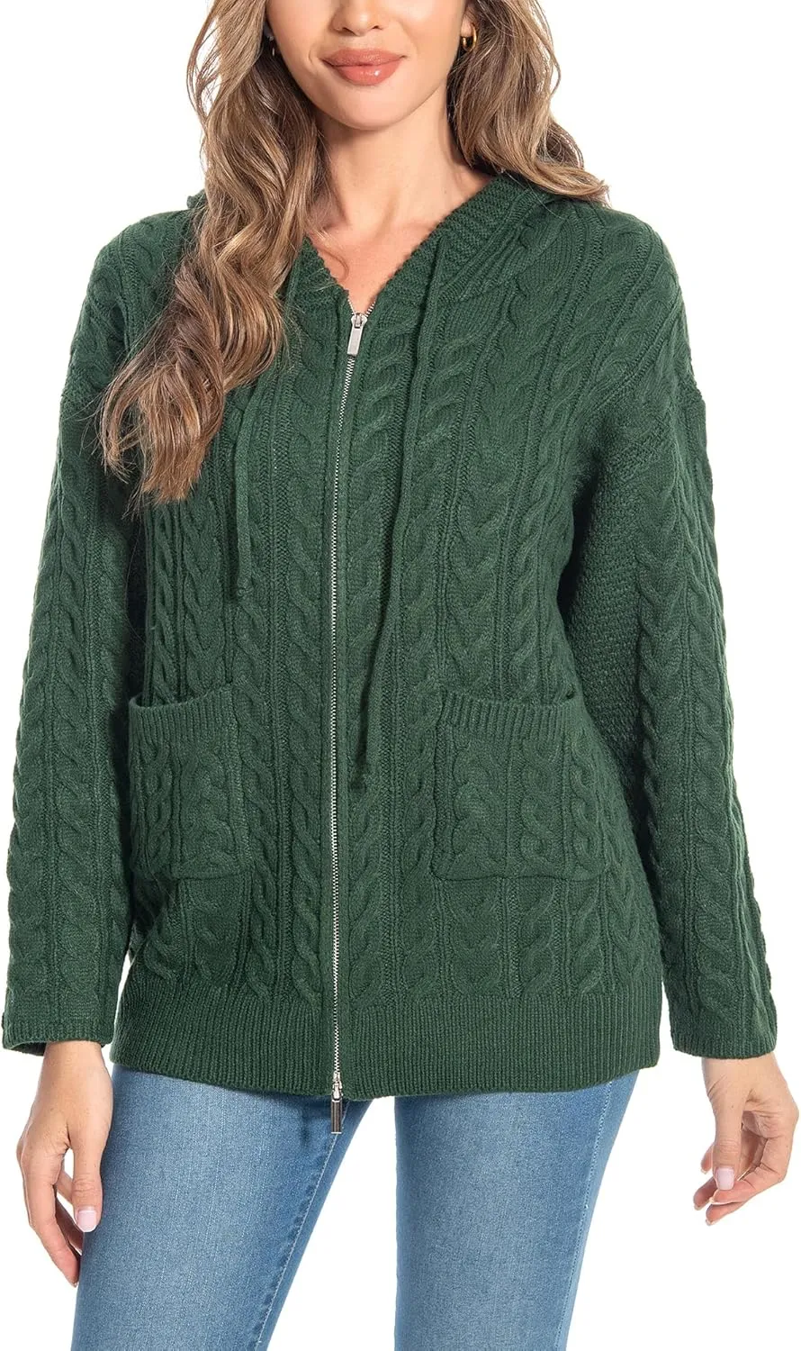 Shineflow Women Hooded Cardigan Oversized Slouchy Zipper Cable Knit Cardigan Coat Solid Color Sweater Casual Knit Knitwear
