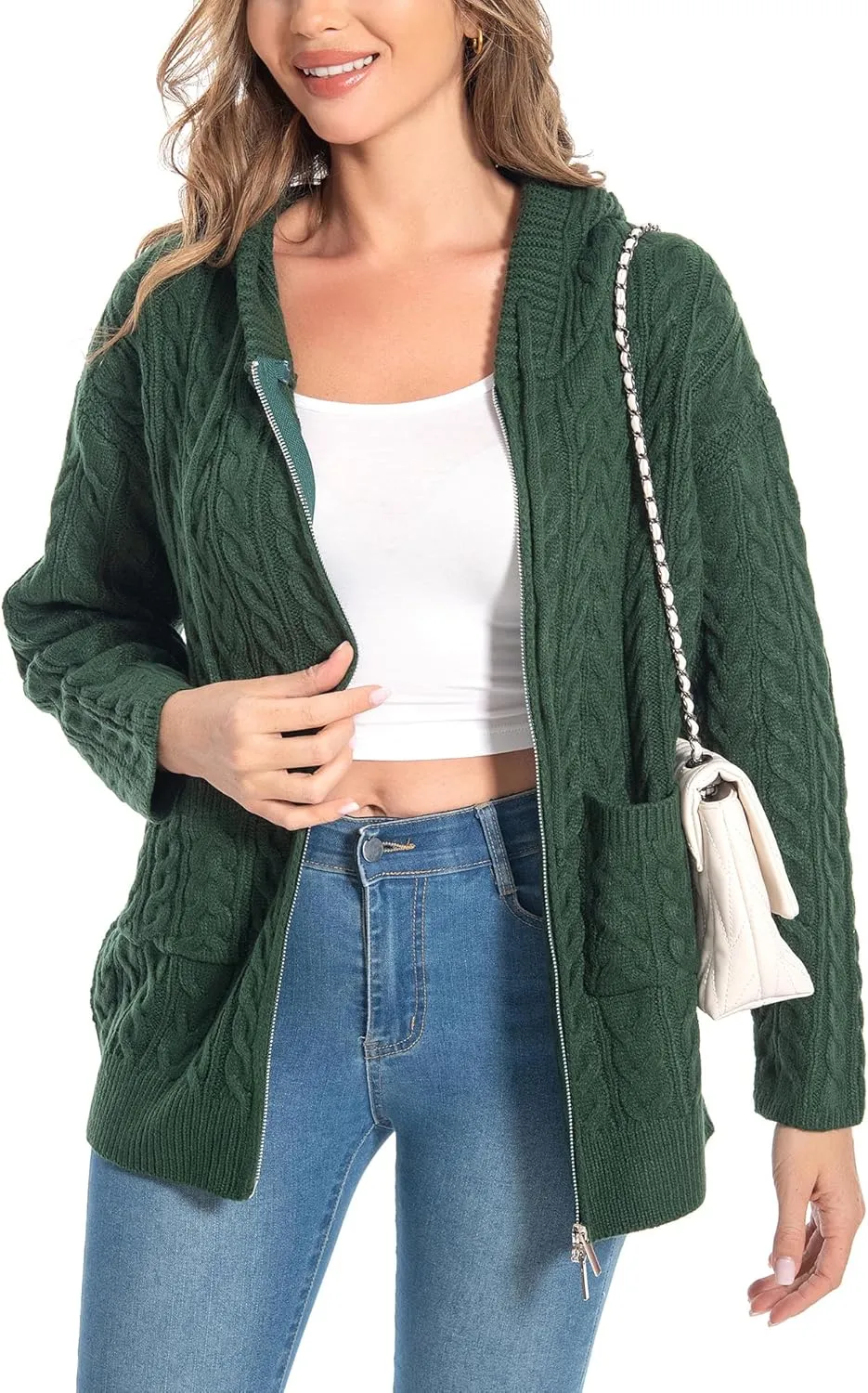 Shineflow Women Hooded Cardigan Oversized Slouchy Zipper Cable Knit Cardigan Coat Solid Color Sweater Casual Knit Knitwear