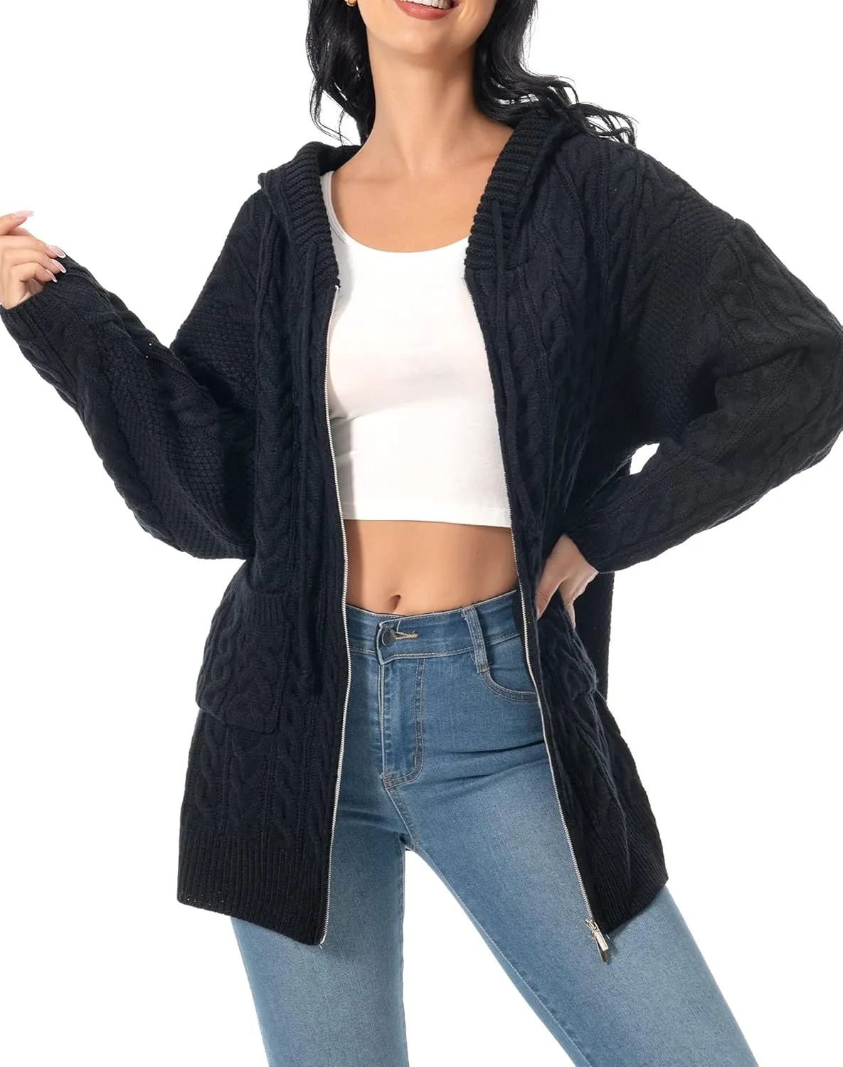 Shineflow Women Hooded Cardigan Oversized Slouchy Zipper Cable Knit Cardigan Coat Solid Color Sweater Casual Knit Knitwear