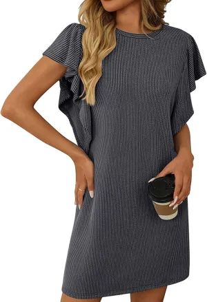 Short Dress for Women Summer Ribbed Shift Tunic Tshirt Dress Flowy Ruffle Sleeve Crew Neck Cute Mini Dress Sundresses