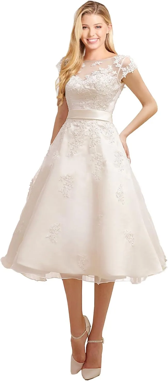 Short Wedding Dress Evening Gown Tea-Length Cap Sleeves Applique