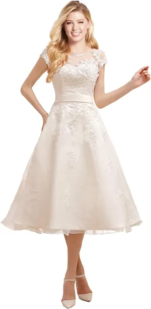Short Wedding Dress Evening Gown Tea-Length Cap Sleeves Applique