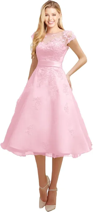 Short Wedding Dress Evening Gown Tea-Length Cap Sleeves Applique