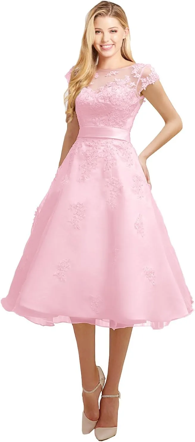 Short Wedding Dress Evening Gown Tea-Length Cap Sleeves Applique