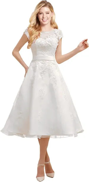 Short Wedding Dress Evening Gown Tea-Length Cap Sleeves Applique