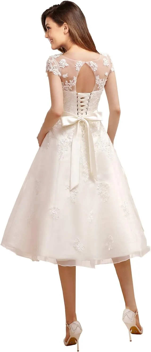 Short Wedding Dress Evening Gown Tea-Length Cap Sleeves Applique