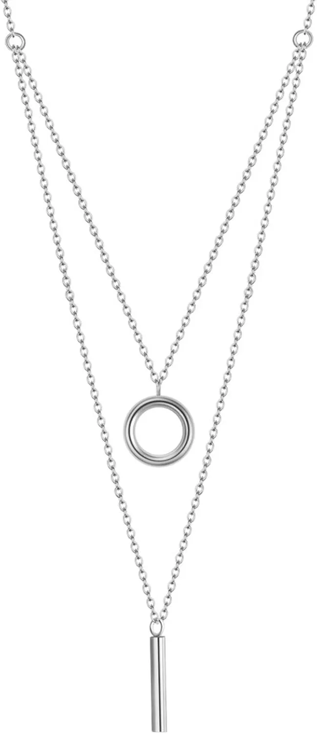 Silver Necklaces Chain for Women,Stainless Steel Necklaces Womens Double Layer Hollow Circle and Cylinder Women Chain Necklaces Silver