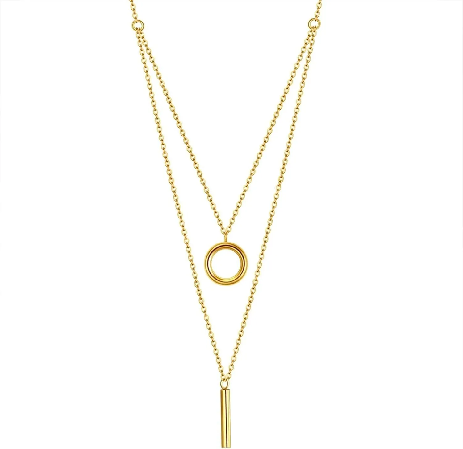 Silver Necklaces Chain for Women,Stainless Steel Necklaces Womens Double Layer Hollow Circle and Cylinder Women Chain Necklaces Silver