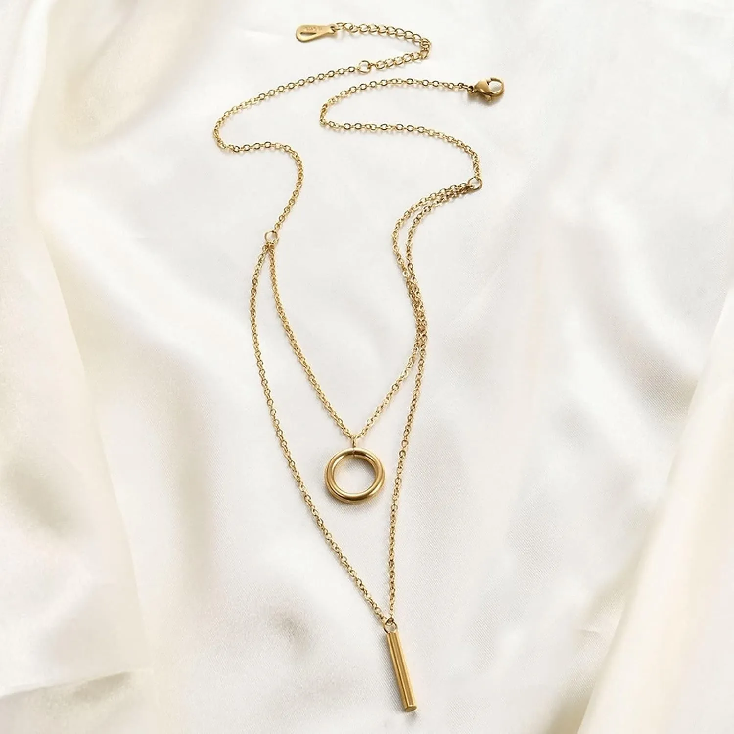 Silver Necklaces Chain for Women,Stainless Steel Necklaces Womens Double Layer Hollow Circle and Cylinder Women Chain Necklaces Silver