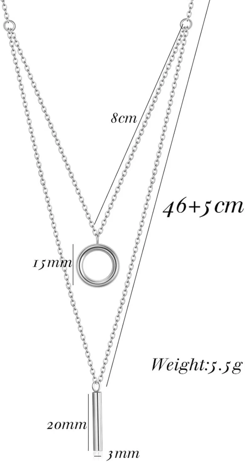 Silver Necklaces Chain for Women,Stainless Steel Necklaces Womens Double Layer Hollow Circle and Cylinder Women Chain Necklaces Silver