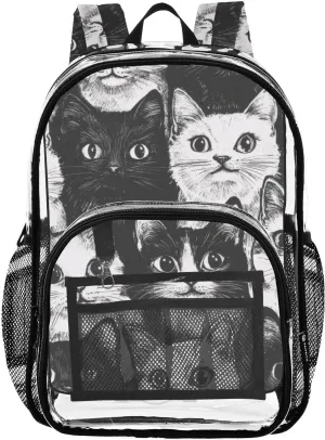 Sketching Cats Clear Backpack with Back Print, Heavy Duty See Through Backpacks PVC Transparent Daypack for Travel Security