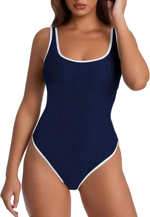 Slimming One Piece Swimsuit for Women Ribbed Tummy Control Bathing Suit Slimming Color Block Swimsuits Swimwear