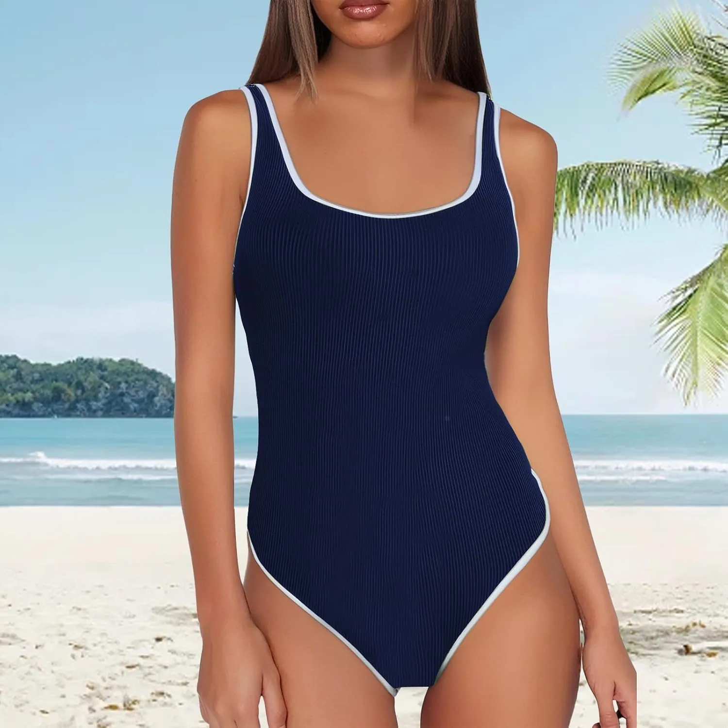 Slimming One Piece Swimsuit for Women Ribbed Tummy Control Bathing Suit Slimming Color Block Swimsuits Swimwear
