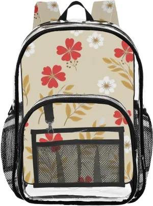 Small Natural Flowers Clear Backpack with Back Print, Heavy Duty See Through Backpacks PVC Transparent Daypack for Travel Security