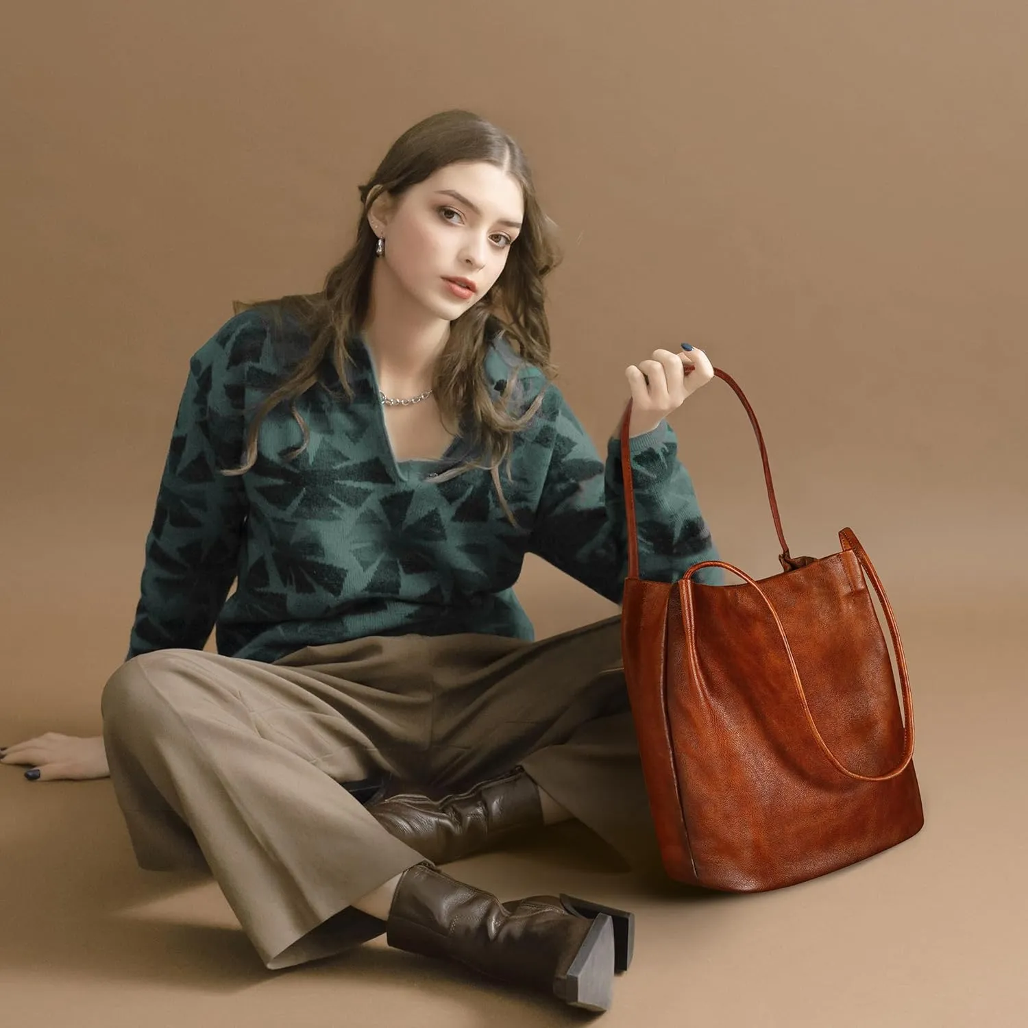 Soft Leather Bucket Bag for Women - Stylish Work Tote Handbag, Shoulder Satchel Purse in Coffee Color