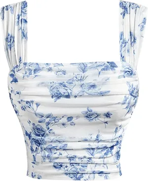 SOLY HUX Women's Floral Print Tank Tops Square Neck Sleeveless Going Out Tops Double Lined Summer Crop Tank Tops