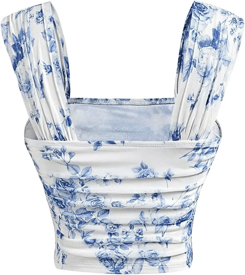 SOLY HUX Women's Floral Print Tank Tops Square Neck Sleeveless Going Out Tops Double Lined Summer Crop Tank Tops