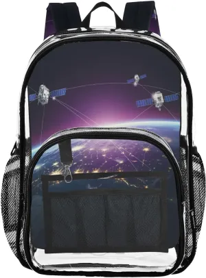 Space Satellites Clear Backpack with Back Print, Heavy Duty See Through Backpacks PVC Transparent Daypack for Travel Security
