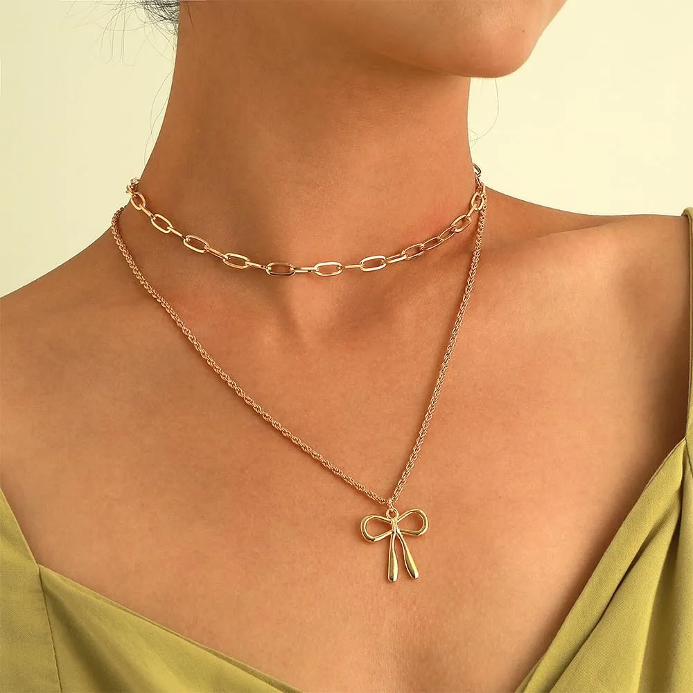 Stackable Gold Bow Pendant Necklaces for Woman Punk Layered Bowknot Choker Necklaces Charm Butterfly Knot Chain Necklaces Everyday Jewelry Accessories