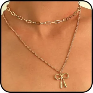 Stackable Gold Bow Pendant Necklaces for Woman Punk Layered Bowknot Choker Necklaces Charm Butterfly Knot Chain Necklaces Everyday Jewelry Accessories