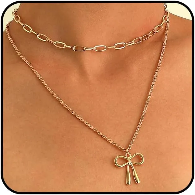 Stackable Gold Bow Pendant Necklaces for Woman Punk Layered Bowknot Choker Necklaces Charm Butterfly Knot Chain Necklaces Everyday Jewelry Accessories