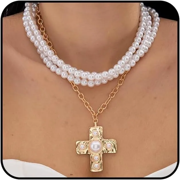Stackable Pearl Cross Choker Necklaces for Women Punk Cross Beads Pendant Necklaces Layered Big Crucifix Necklaces Wedding Jewelry Accessories