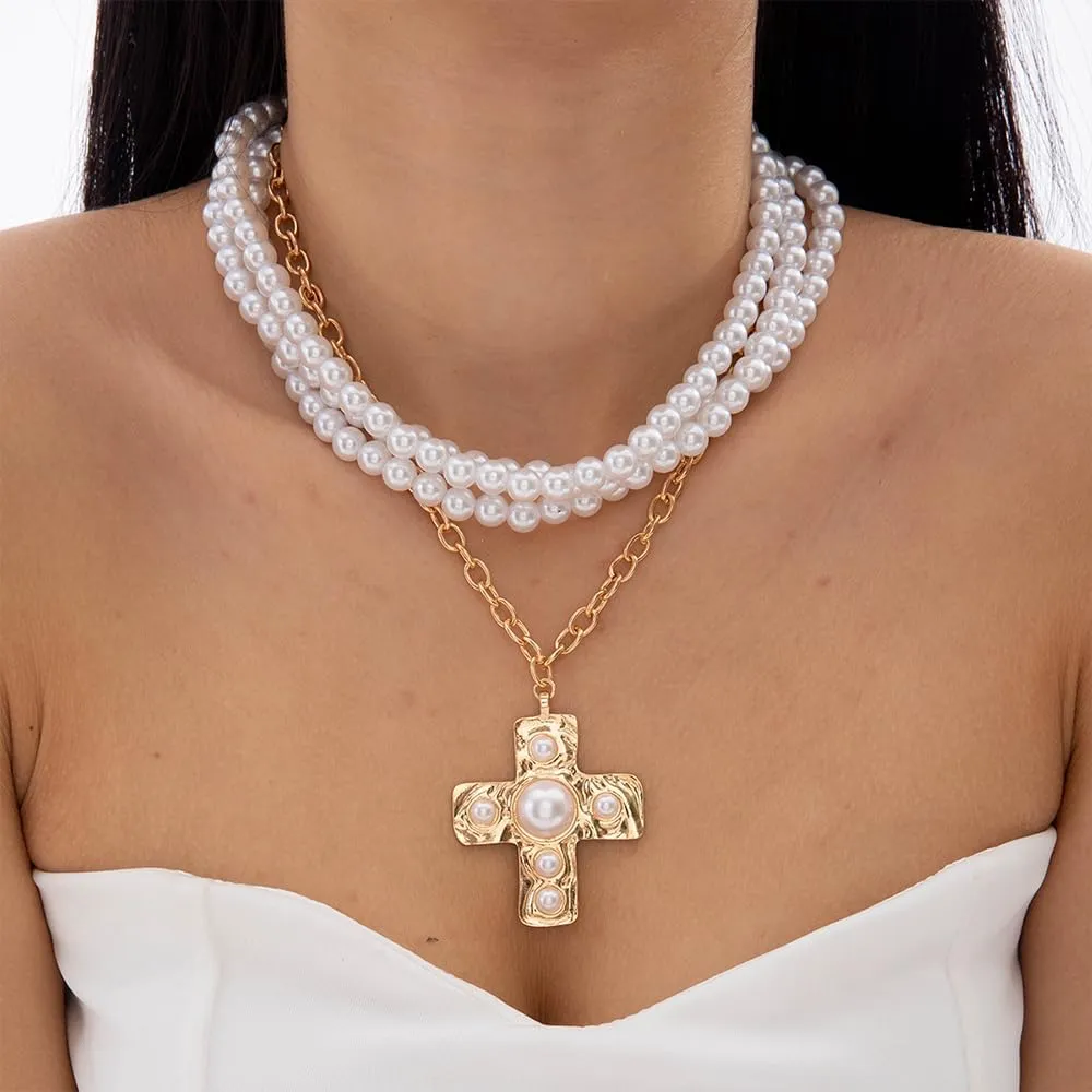 Stackable Pearl Cross Choker Necklaces for Women Punk Cross Beads Pendant Necklaces Layered Big Crucifix Necklaces Wedding Jewelry Accessories