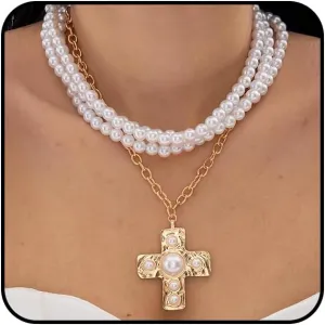 Stackable Pearl Cross Choker Necklaces for Women Punk Cross Beads Pendant Necklaces Layered Big Crucifix Necklaces Wedding Jewelry Accessories